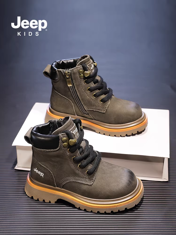 Giày bốt trẻ em Jeep Giày bốt bé trai mùa thu đông 2024 mới Giày da lót lông cừu ấm áp cho bé gái Giày bốt ngắn Giày bốt màu vàng lớn
