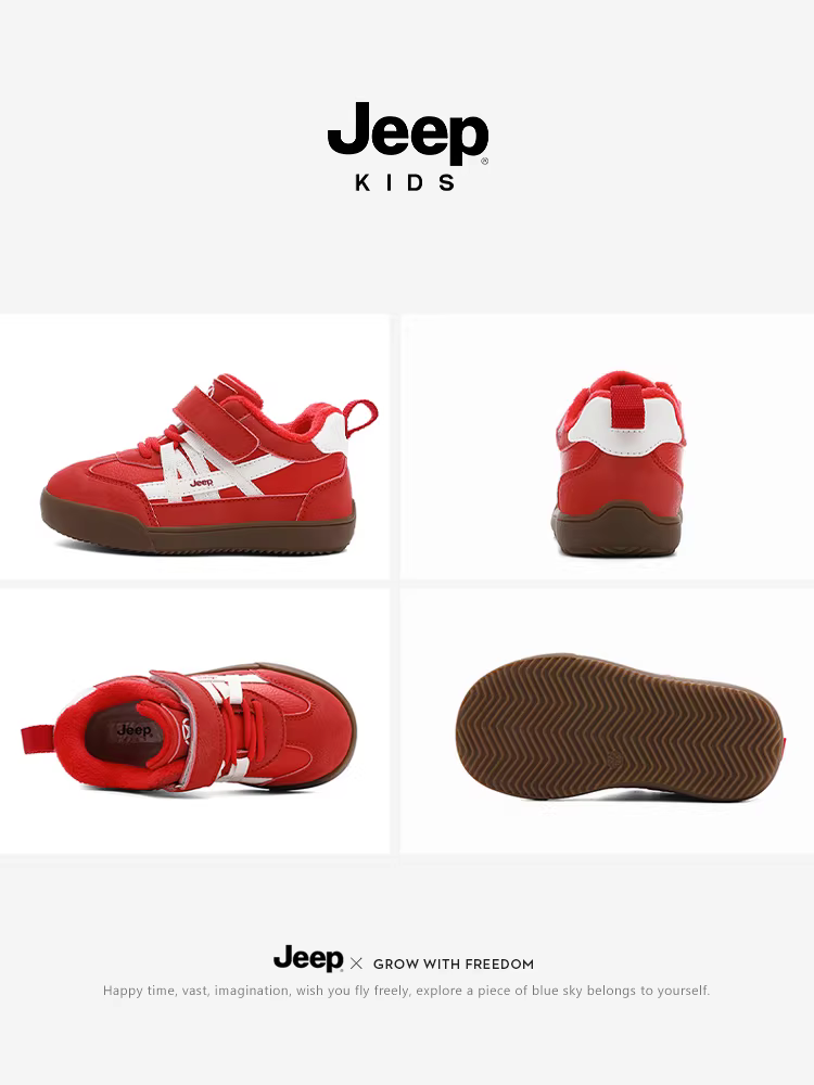 Giày thể thao trẻ em Jeep màu đỏ Trung Quốc phiên bản giới hạn có lớp lót lông mềm, giày thể thao cổ trung Baonan, mẫu giày nữ mới mùa đông 2025.