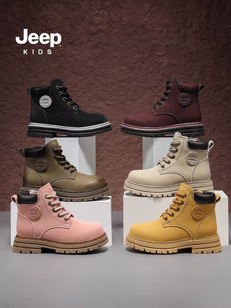 Giày bốt màu vàng trẻ em Jeep Giày bốt Martin dành cho bé trai 2025 Giày đi bộ đường dài ngoài trời mùa thu đông mới dành cho bé gái Giày bốt phù hợp với gia đình