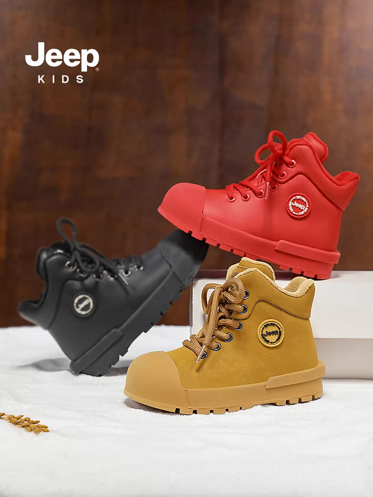 [Phiên bản năm mới] Giày bốt Martin màu đỏ dành cho trẻ em của hãng Jeep dành cho bé trai và bé gái, Giày bốt da cotton đôi lót lông cừu, Giày bốt cotton mới 2025