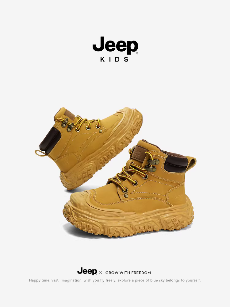 Giày bốt Martin trẻ em Jeep có lớp lót lông cừu cho bé trai và bé gái, giày bốt màu vàng mùa đông mới 2024, giày bốt bông tuyết dành cho vùng Đông Bắc.