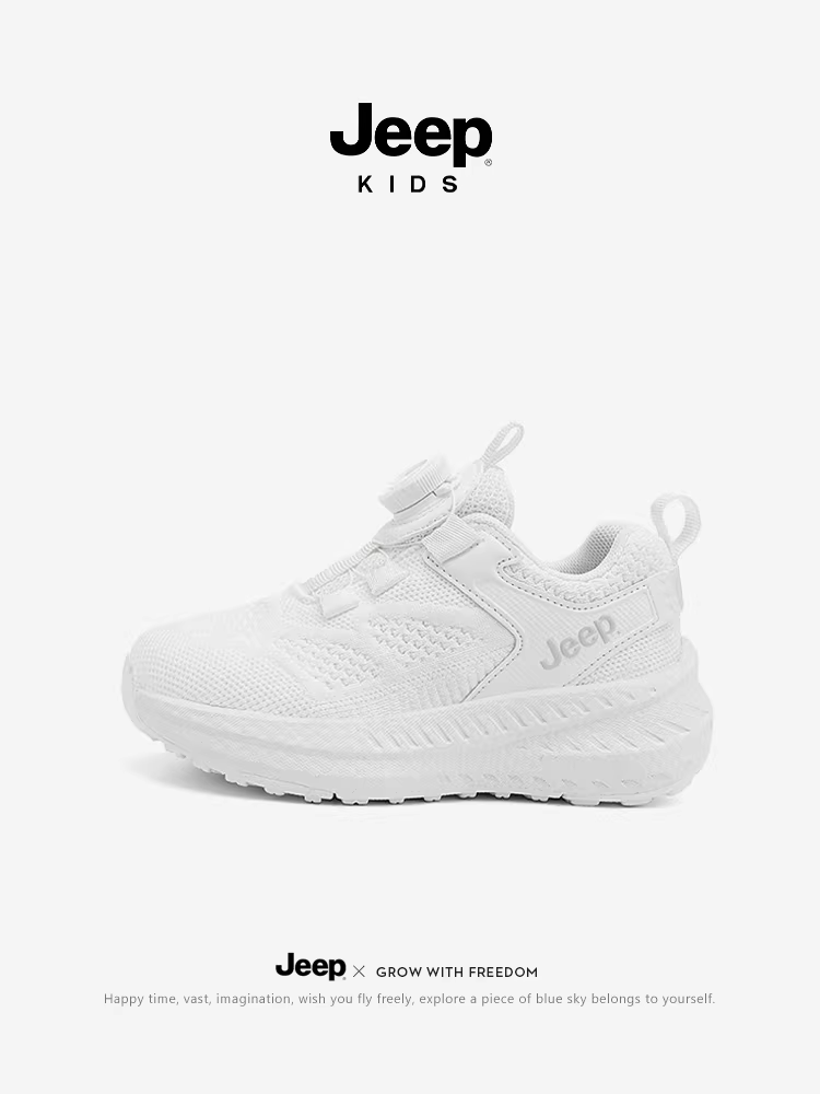 Giày thể thao trắng trẻ em Jeep mẫu mới xuân 2025 có khóa cài, giày chạy bộ nữ đế mềm lưới, giày trẻ em