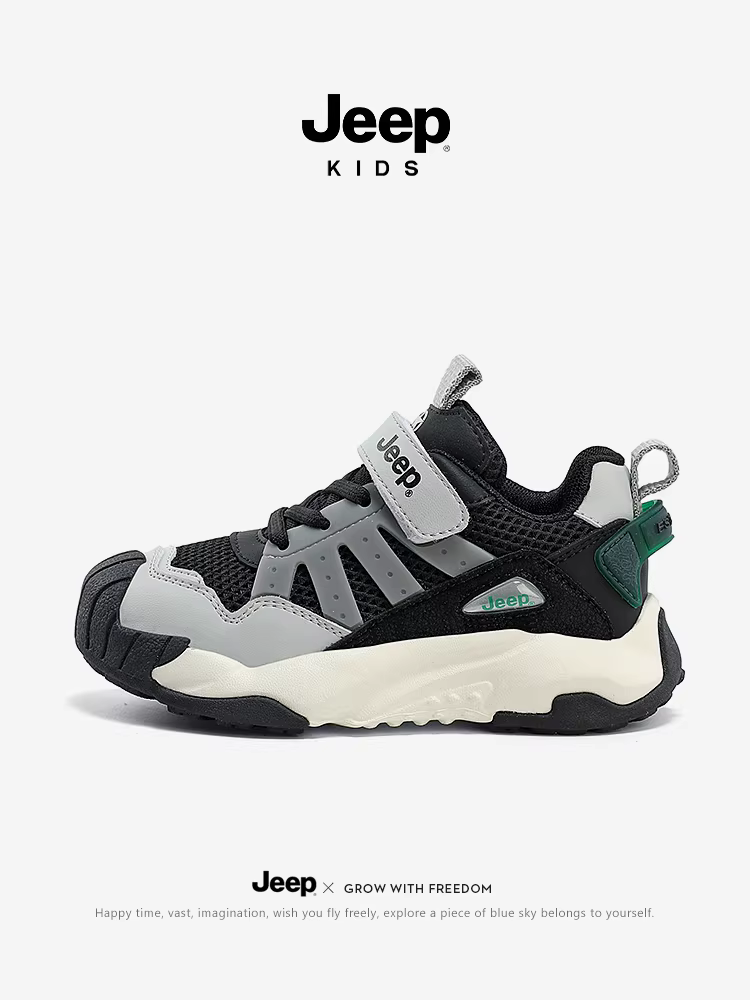 Giày thể thao màu đen cho bé trai Jeep 2025 giày chạy bộ thoáng khí mùa xuân thu mới dành cho bé gái giày trẻ em nhẹ chống trượt