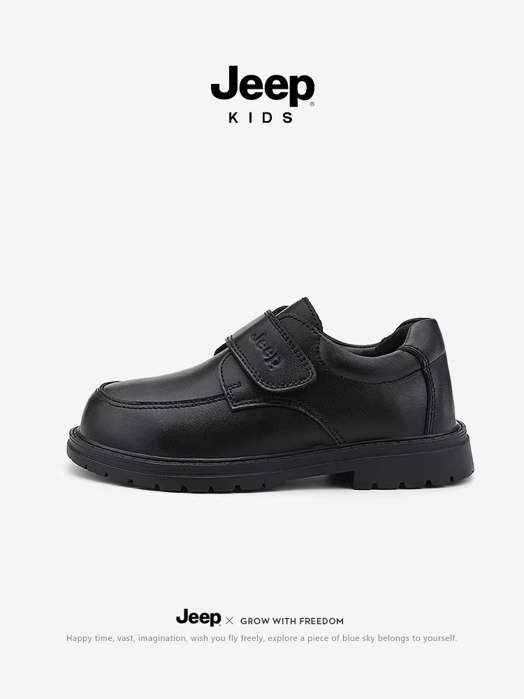 Giày da bé trai Jeep, giày biểu diễn mùa thu màu đen, giày nhỏ màu đen mới 2025, giày biểu diễn đế mềm dành cho trẻ em.