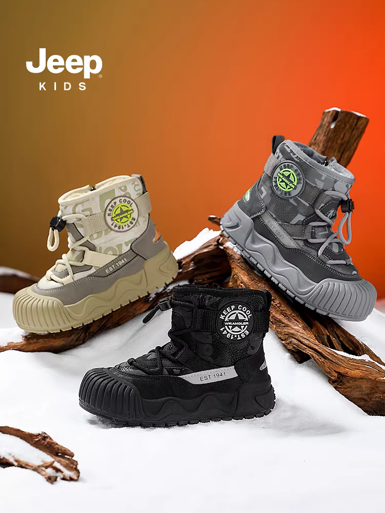 Giày bốt trẻ em Jeep chống thấm nước, lót lông cừu, đế dày, giữ ấm mùa đông 2025, chống trơn trượt, dành cho bé trai.