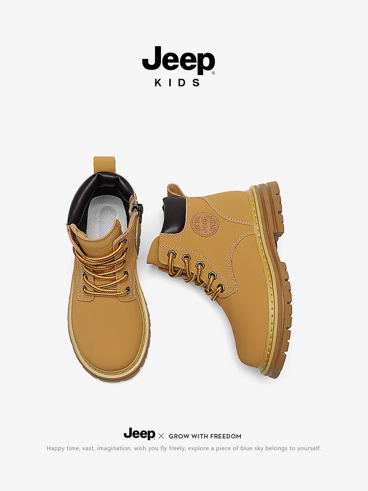 Giày bốt trẻ em Jeep dành cho bé trai và bé gái, cùng kiểu dáng bốt lớn màu vàng, giày đi bộ đường dài lót lông cừu và dày dặn mới mùa thu đông, giày bốt cotton