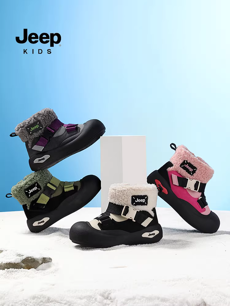 Giày bốt đi tuyết trẻ em Jeep mùa đông, giày bông lót lông cừu cho bé trai, giày bông cỡ lớn 2025 mới, giữ ấm, chống thấm nước, chống trơn trượt, giày bốt bông cho bé gái
