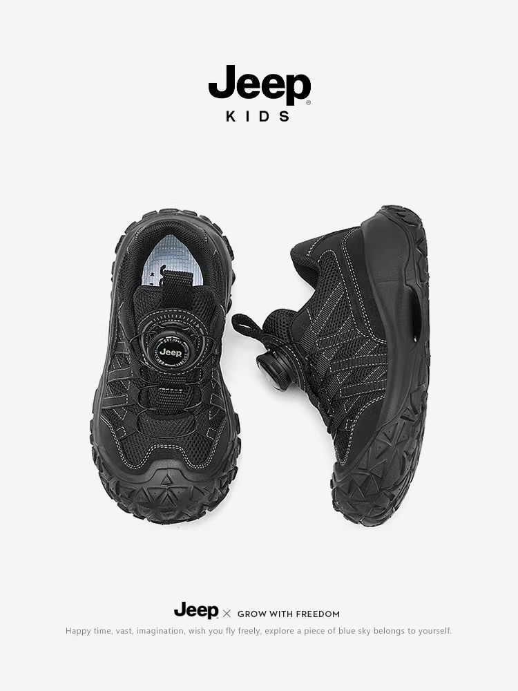 Giày thể thao trẻ em Jeep mùa xuân 2025, màu đen, nhẹ, kiểu dáng giày bố cho bé gái, thoáng khí, giày cài nút cho bé trai