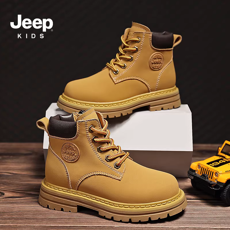 Giày bốt trẻ em Jeep Giày bốt Martin dành cho bé trai Giày bốt ngắn bằng da thật dành cho bé gái 2025 Giày bốt màu vàng không thể phá hủy mùa thu đông mới