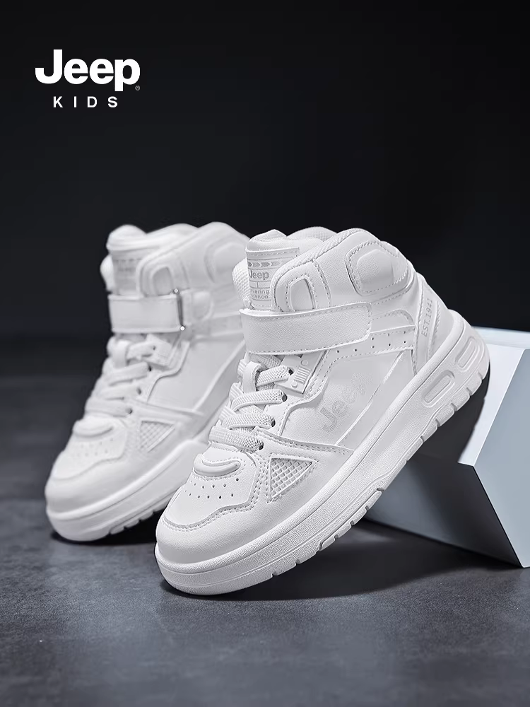 Giày trẻ em Jeep dành cho bé trai và bé gái, giày thể thao cổ cao dành cho trẻ lớn, giày trắng mùa xuân thu mới, giày bóng rổ aj mọi mùa.