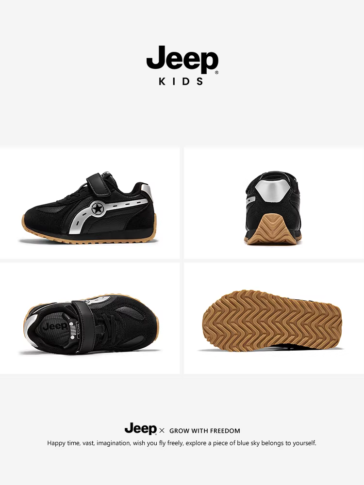 Giày thể thao trẻ em màu đen Jeep 2025 kiểu mới mùa thu, giày thể thao nam có khóa dán, giày chạy bộ đế mềm nữ