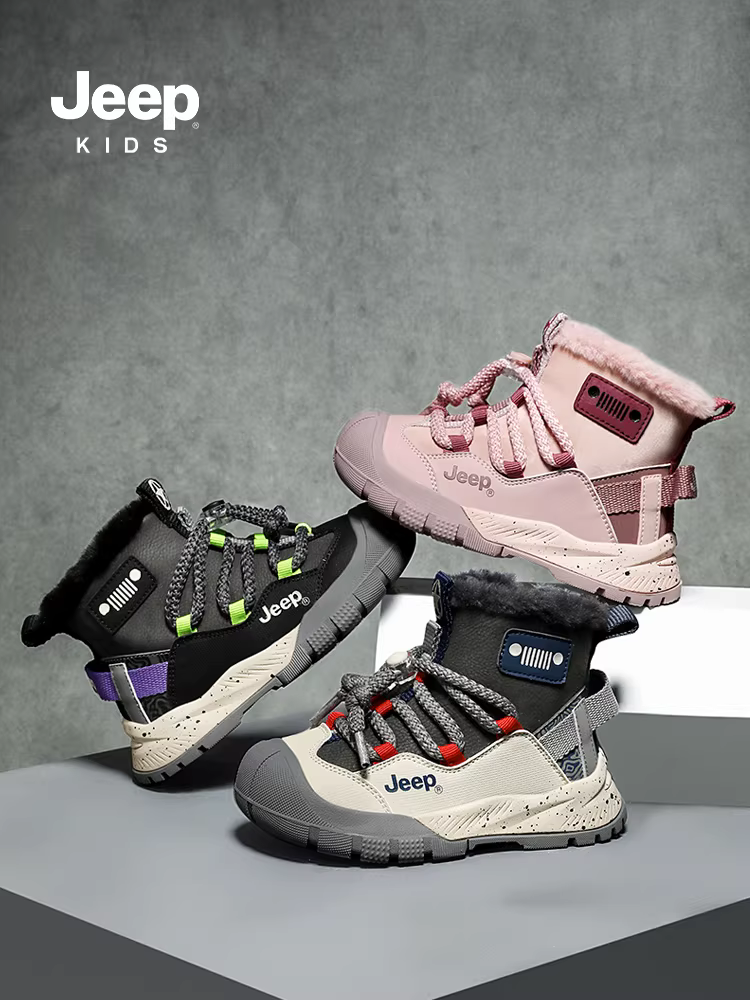 Giày bốt tuyết trẻ em Jeep, giày bông chống thấm nước cỡ lớn, giày bốt bông lót lông cừu mùa đông mới 2025 cho bé trai, giày chống trơn trượt