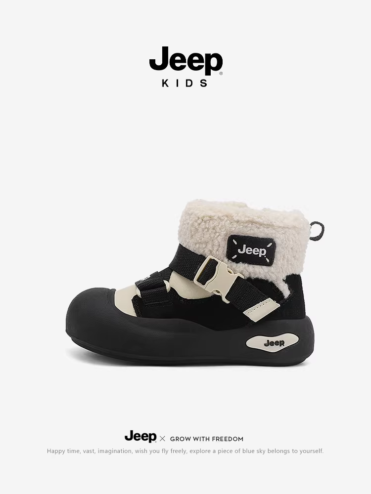 Giày bốt đi tuyết trẻ em Jeep mùa đông, giày bông lót lông cừu cho bé trai, giày bông cỡ lớn 2025 mới, giữ ấm, chống thấm nước, chống trơn trượt, giày bốt bông cho bé gái