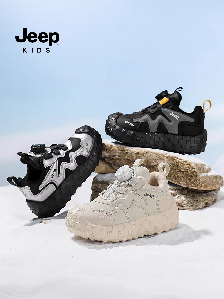 Giày thể thao bé trai Jeep, ấm áp và lót lông cừu, mẫu mới mùa đông 2025, giày đi bộ ngoài trời cho trẻ em, giày trẻ em, giày cotton đôi.