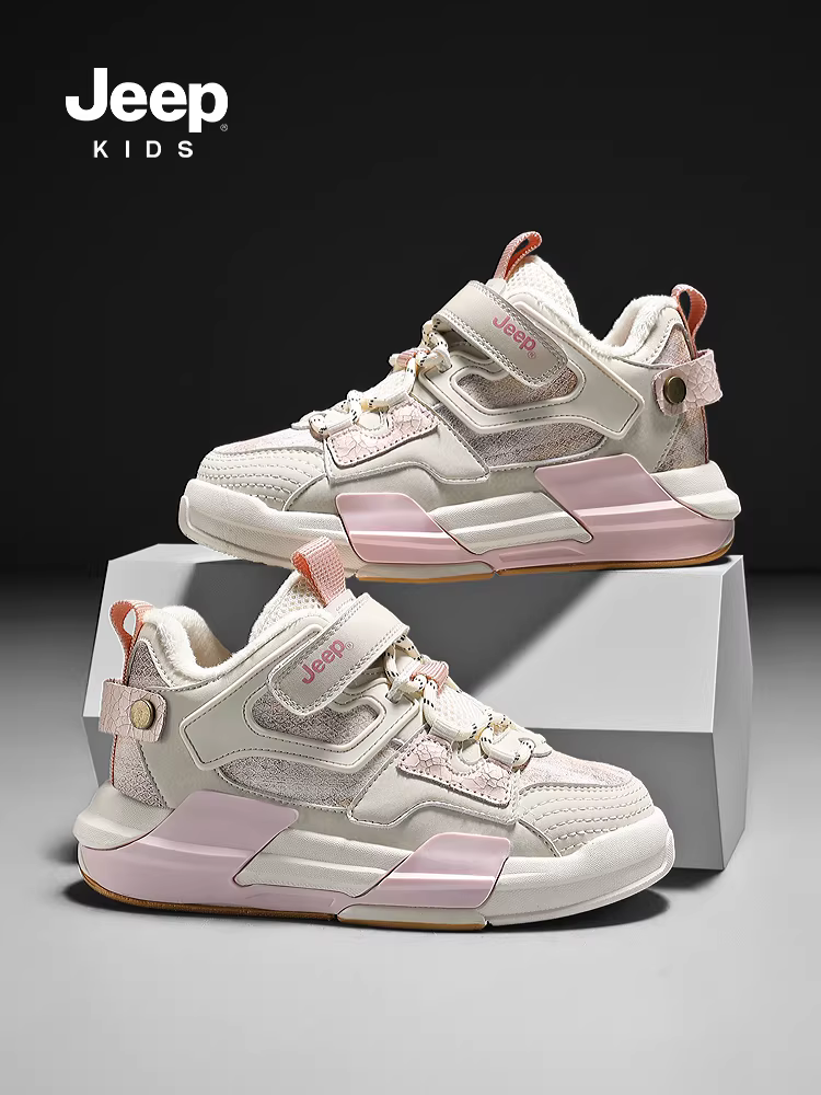 Giày trẻ em Jeep dành cho bé gái, giày cotton hai lớp, giày thể thao giữ ấm lót lông cừu mùa đông, mẫu mới 2025, mặt da, giày trẻ em chống thấm nước.