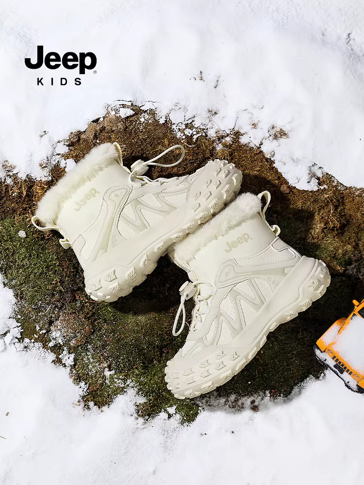 Giày bốt trẻ em Jeep màu nâu mùa đông, cỡ lớn, chất liệu cotton, mẫu mới 2025, da và lông thú tích hợp, lót lông cừu dày, giày bốt cotton cho bé trai