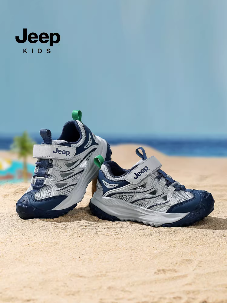 Giày thể thao bé trai Jeep mùa hè 2025 kiểu mới, chất liệu lưới thoáng khí, khóa dán, giày chạy bộ, giày khung cho bé trai
