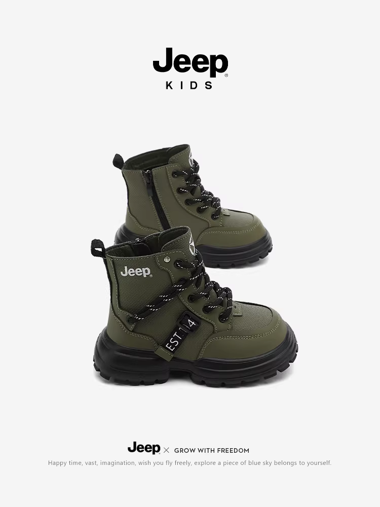 Giày bốt nam trẻ em Jeep đế mềm, kiểu mới thu đông 2025, giày lót lông cừu, bốt cổ cao trẻ em, bốt khóa kéo bên hông