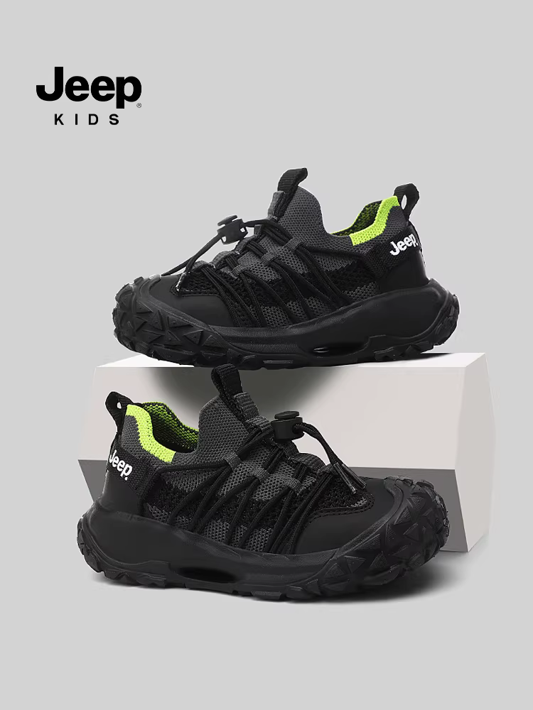 Giày thể thao trẻ em Jeep màu đen, giày chạy bộ mùa hè thoáng khí cho bé trai và bé gái, mẫu mới 2025, kiểu lười, đế mềm
