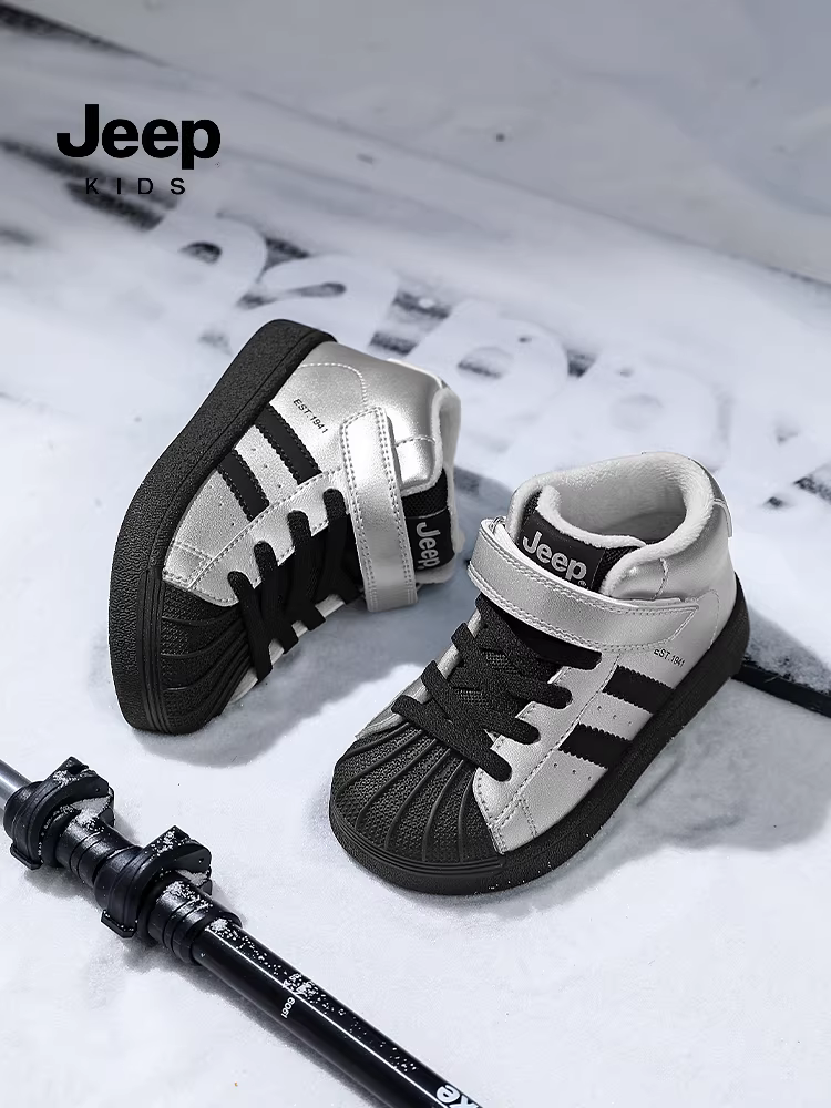 Giày nữ Jeep, giày thể thao có lớp lót lông cừu giữ ấm, giày cotton hai lớp cho trẻ em, mẫu mới mùa đông 2025, giày thể thao cổ cao cho bé trai.