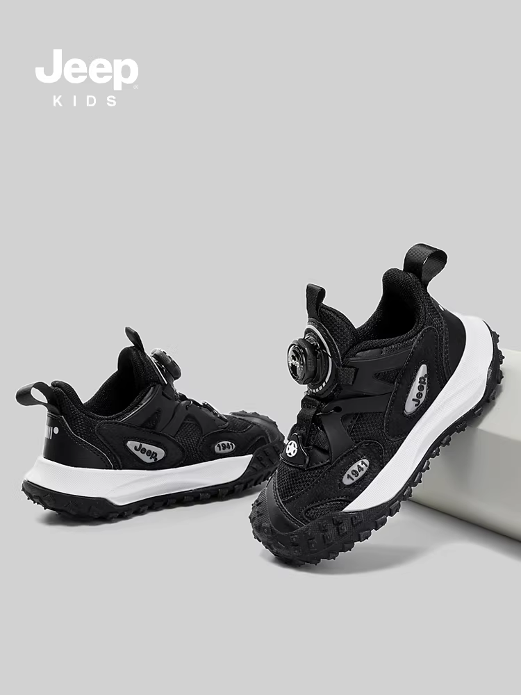 Giày thể thao màu đen cho bé trai Jeep thoáng khí, nhẹ, giày chạy bộ cho bé gái, mẫu mới hè 2025, giày trẻ em chất liệu lưới