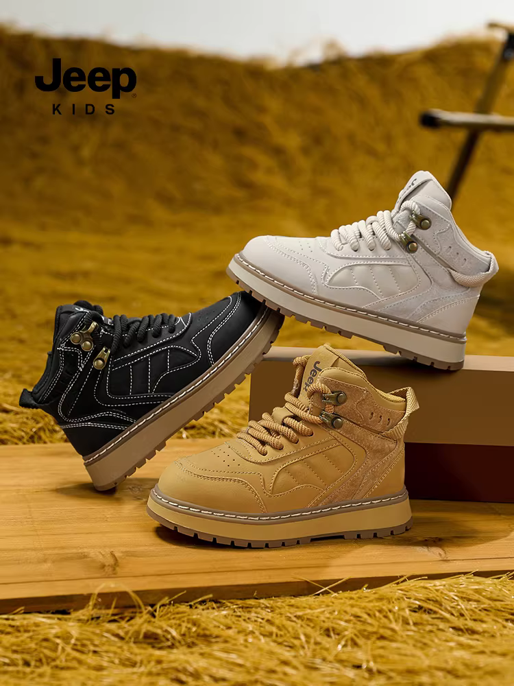 Giày trẻ em Jeep 2024 kiểu mới, giày cao cổ chống thấm cho bé trai, phong cách Anh quốc, màu vàng, giày cho bé gái