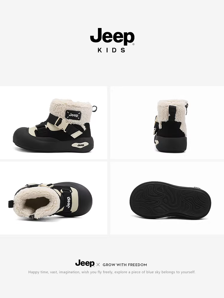 Giày bốt đi tuyết trẻ em Jeep mùa đông, giày bông lót lông cừu cho bé trai, giày bông cỡ lớn 2025 mới, giữ ấm, chống thấm nước, chống trơn trượt, giày bốt bông cho bé gái