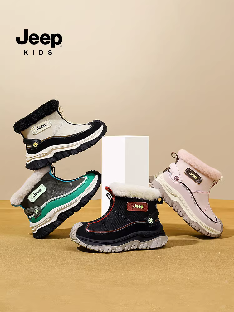 Giày bốt đi tuyết cho bé trai Jeep có lớp lót lông cừu, giày cotton cỡ lớn ấm áp, giày trẻ em lông thú mới mùa đông 2025, giày bốt cotton trẻ em chống lạnh.