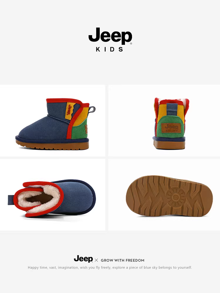 Giày bốt đi tuyết cho bé trai Jeep mùa đông 2025, giày trẻ em mới có lớp lót lông cừu và bề mặt da dày dành cho bé gái, giày bông cỡ lớn kiểu Đông Bắc.
