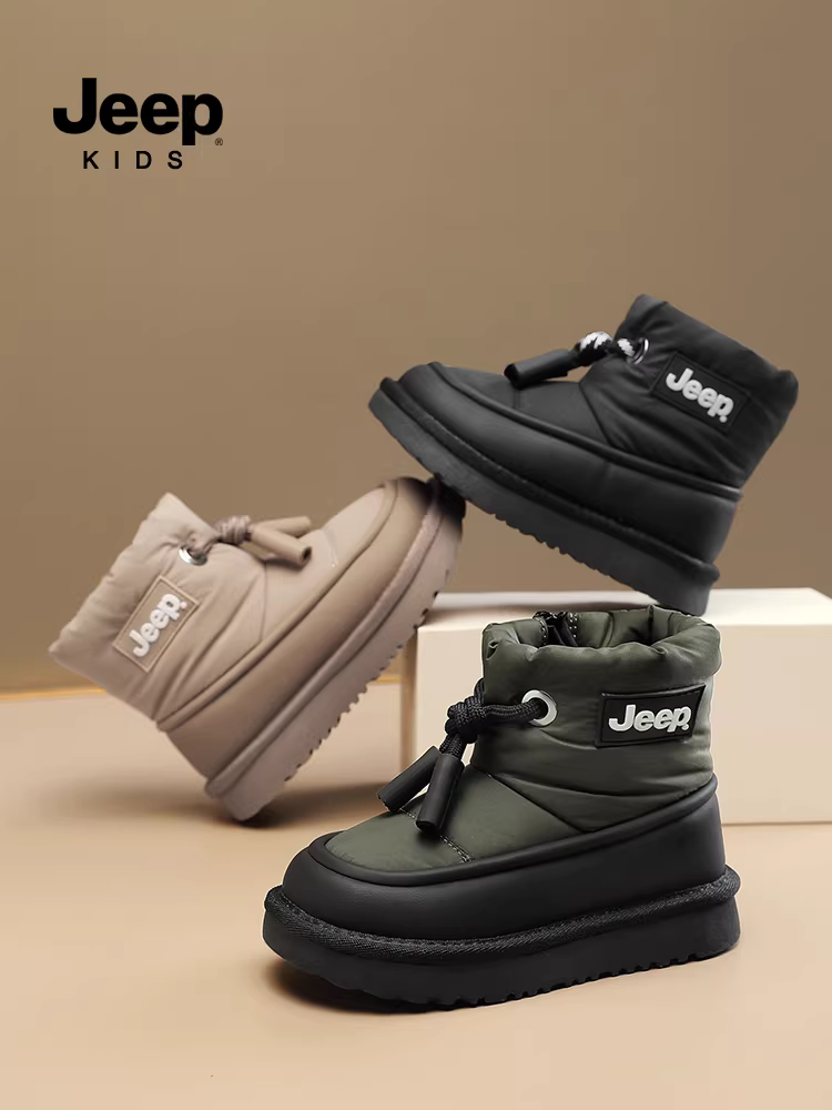 Giày bốt đi tuyết trẻ em Jeep dành cho bé trai và bé gái, bốt ngắn chống thấm nước cho mùa thu đông 2024, kiểu dáng mới, mặt da Đông Bắc có lớp lót lông cừu giữ ấm.