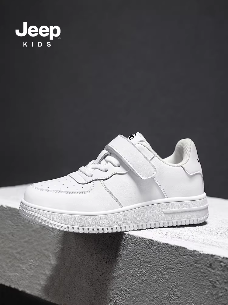 Giày trẻ em Jeep màu trắng đế mềm, mẫu mới xuân 2025, giày thể thao trắng cho học sinh nam