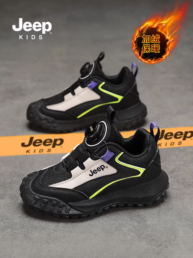 Giày trẻ em Jeep mùa đông 2024, giày thể thao trẻ em màu đen mới có lớp lót lông cừu, giày cotton cho mùa thu đông, giày mùa đông cho bé gái.