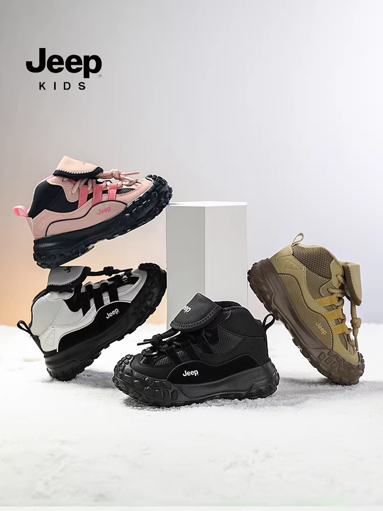 Giày trẻ em Jeep, giày cotton dày dặn giữ ấm lót lông cừu cho bé trai và bé gái, giày thể thao cổ cao mùa đông mới 2025