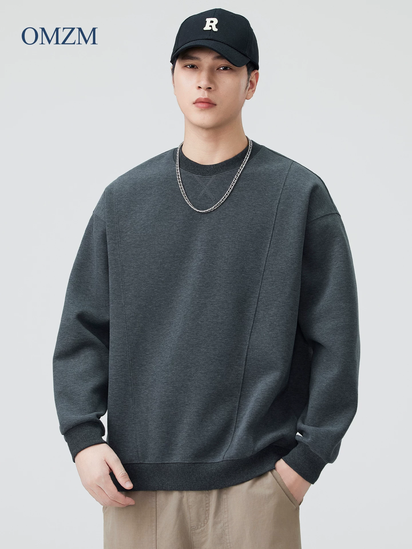 Áo nỉ cổ tròn hạng nặng OMZM380G dành cho nam, thiết kế mùa thu với kiểu ghép mảnh phá cách, áo khoác không mũ rộng rãi.