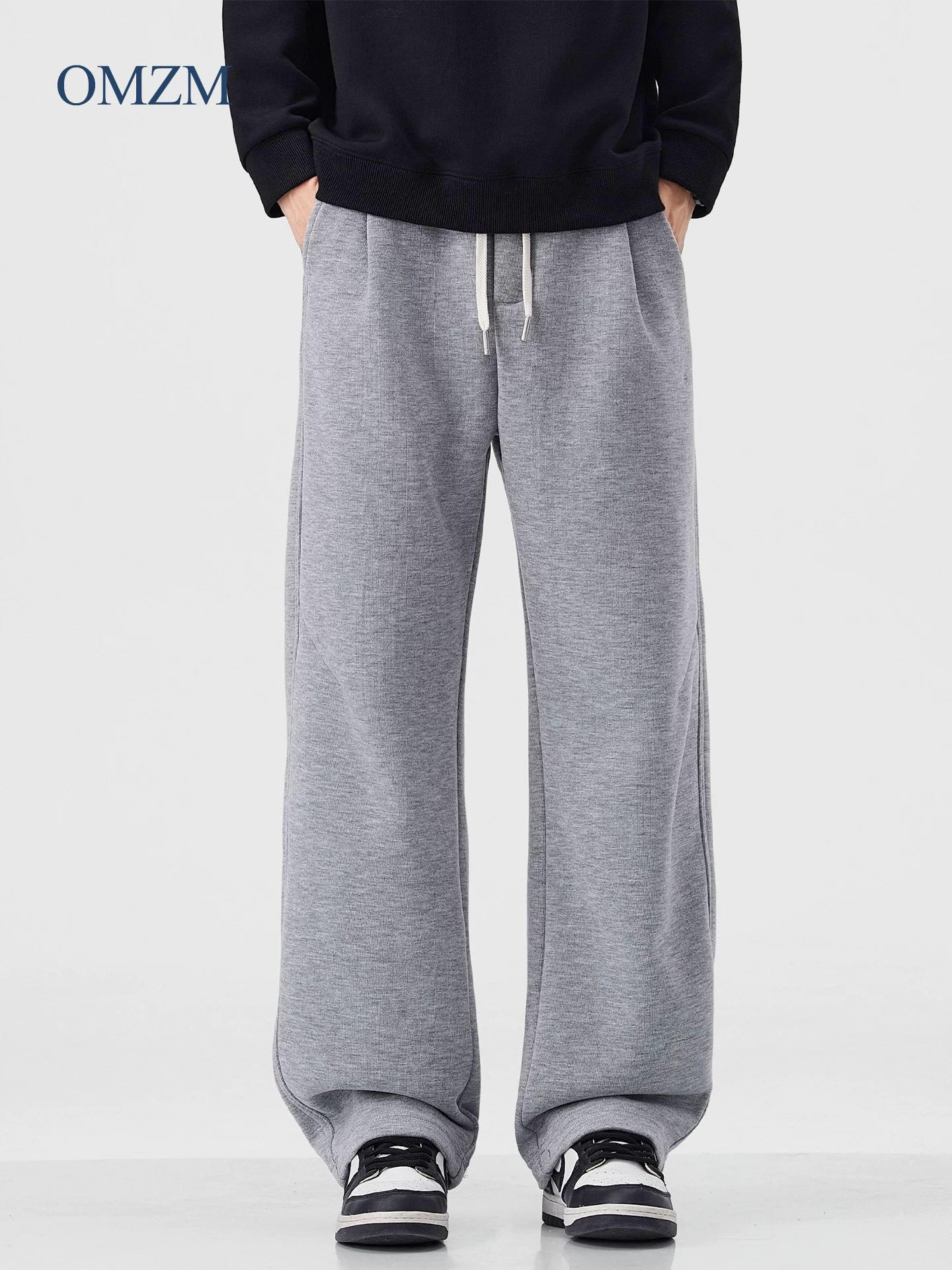 Quần thể thao lót lông cừu hạng nặng OMZM480G dành cho nam, quần thường ngày dày dặn ấm áp bằng len cừu mùa đông, quần ống thẳng kiểu Mỹ.