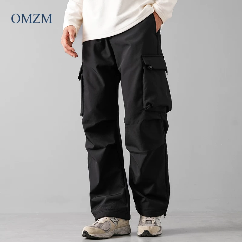 Quần lính dù dày dặn lót lông phong cách Mỹ OMZM mùa đông 2024, quần cargo giữ ấm lông cừu, dáng rộng, phong cách thường ngày, ống thẳng