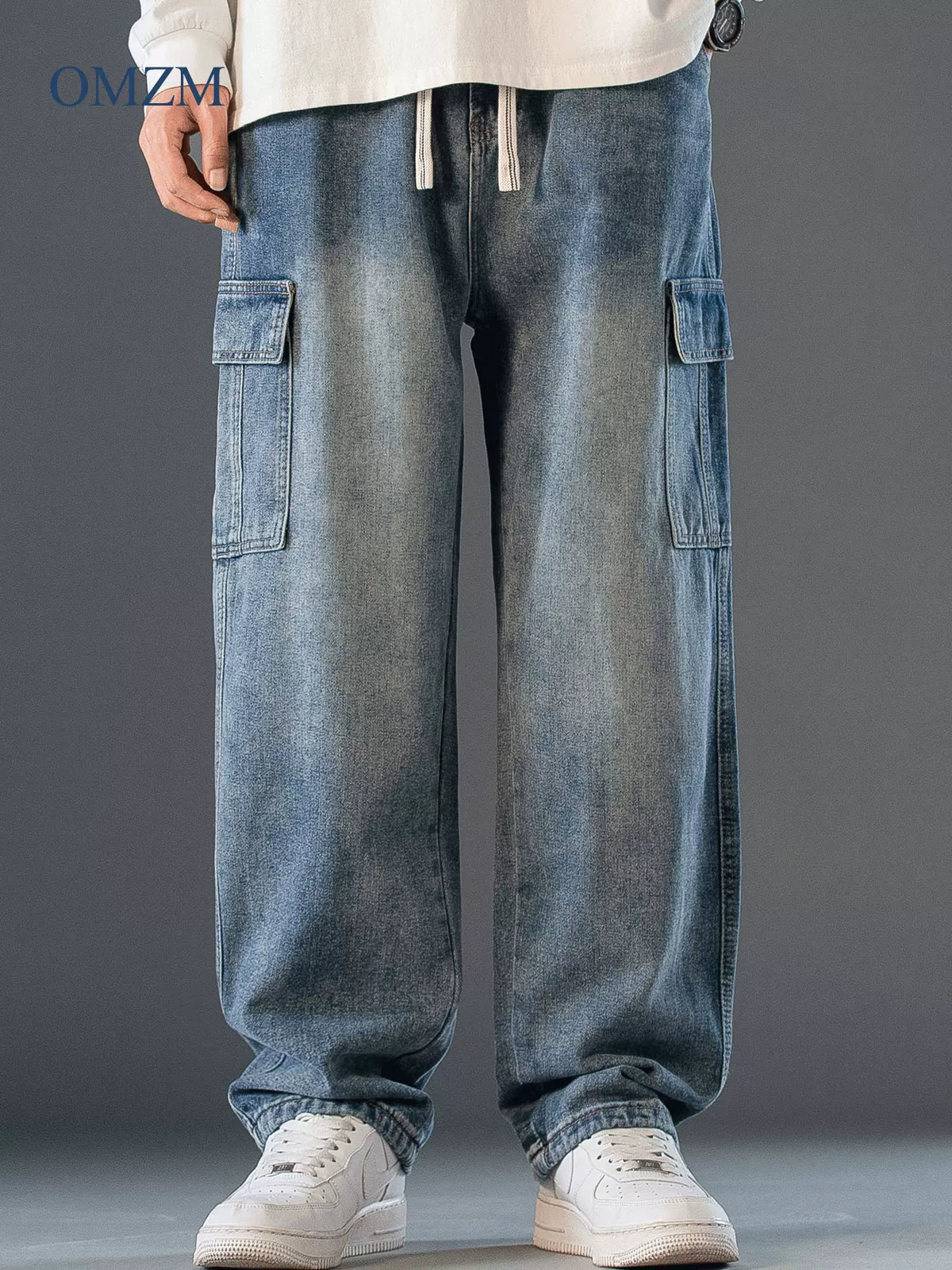 Quần jean denim nhiều túi hạng nặng OMZM dành cho nam, quần ống thẳng kiểu đường phố Mỹ mùa xuân và mùa thu, quần dài có dây rút được giặt và làm cũ
