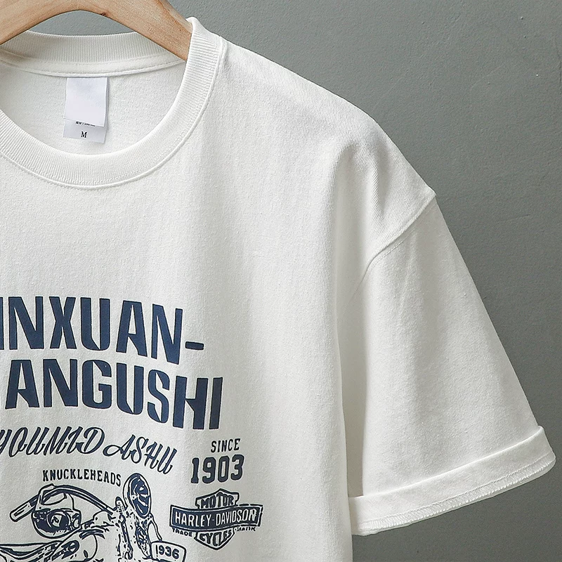 Áo thun nam kiểu Mỹ 300g chất liệu cotton nguyên chất, tay ngắn, cổ tròn, dáng rộng, in hình biker phong cách Amekaji, mùa hè