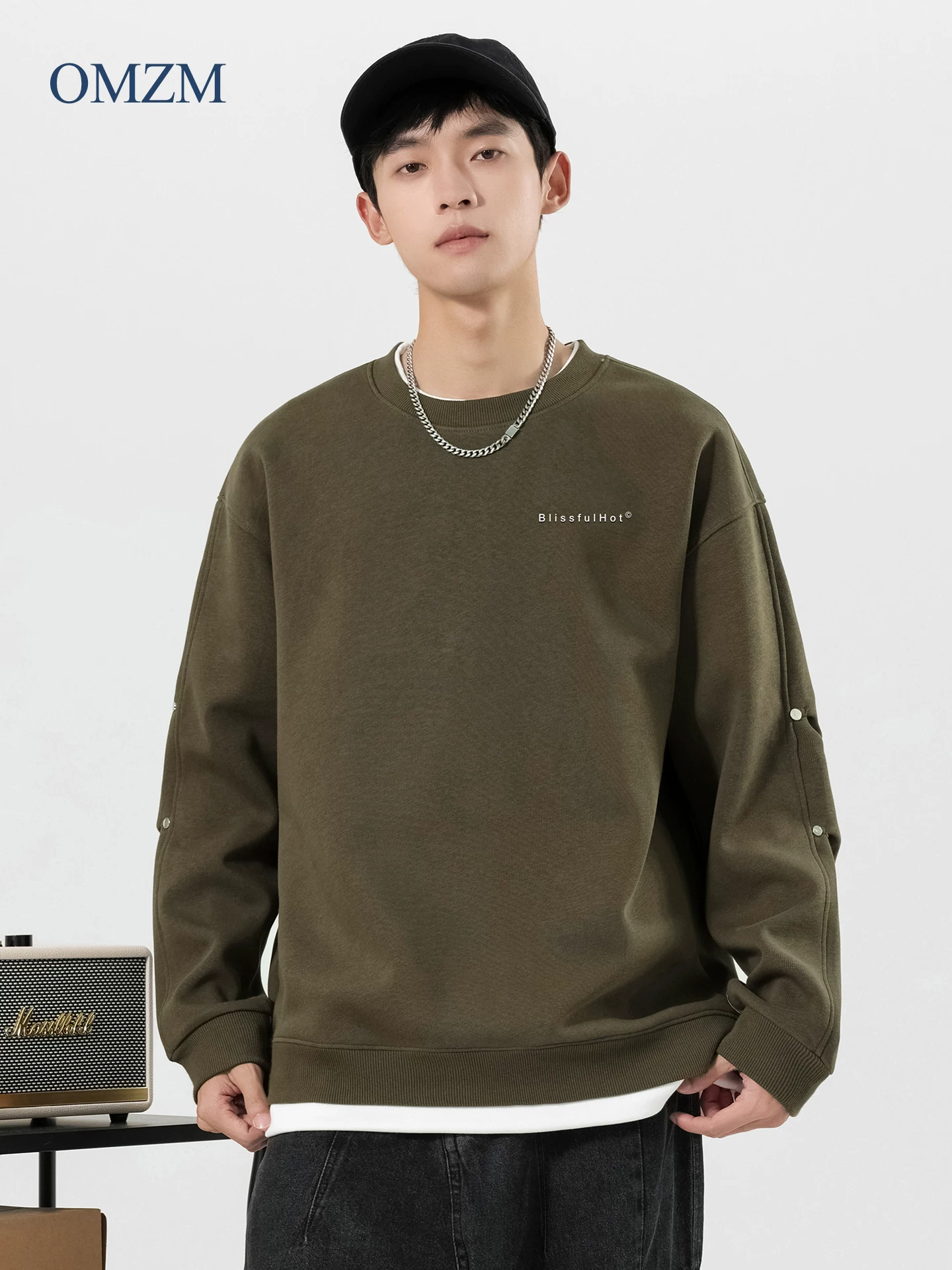 Áo len cổ tròn phong cách Nhật Bản OMZM dành cho nam, áo khoác dài tay in chữ giả hai mảnh dáng rộng đơn giản, đa năng mùa thu