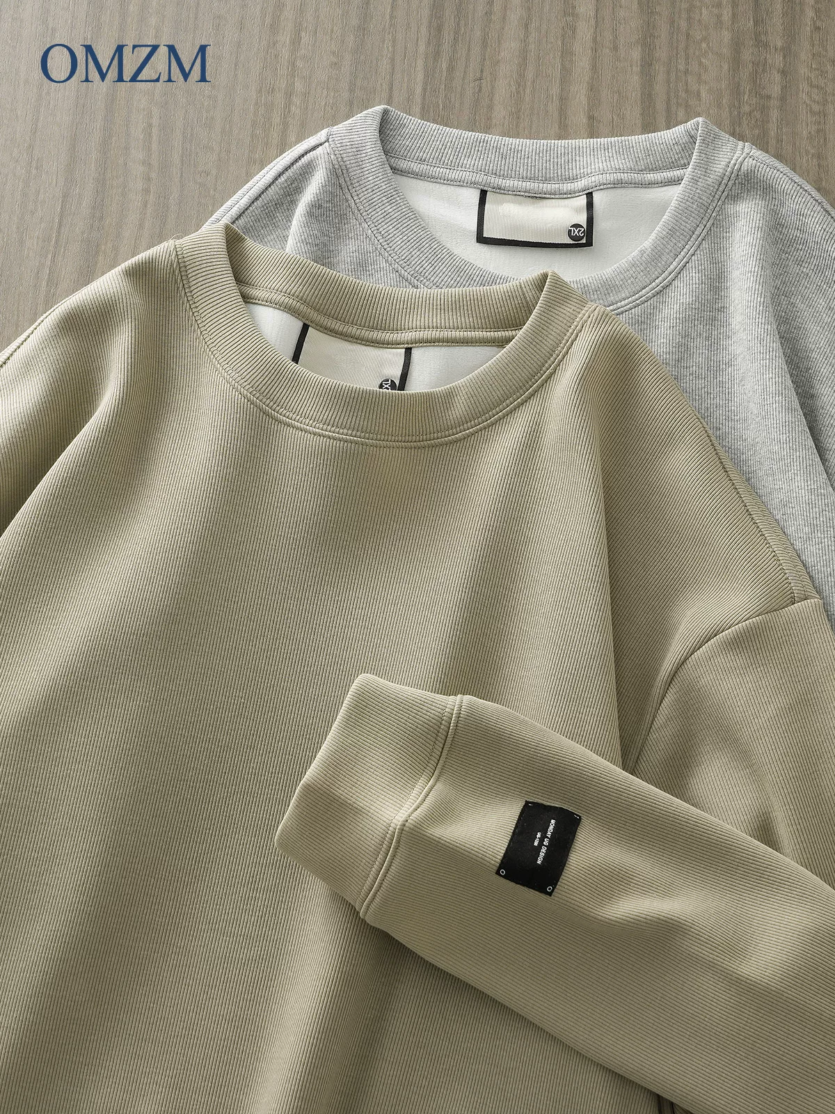 Áo len cổ tròn nhung bạc hạng nặng OMZM400G dành cho nam, áo sơ mi dài tay màu trơn phong cách cổ điển Mỹ mùa thu đông
