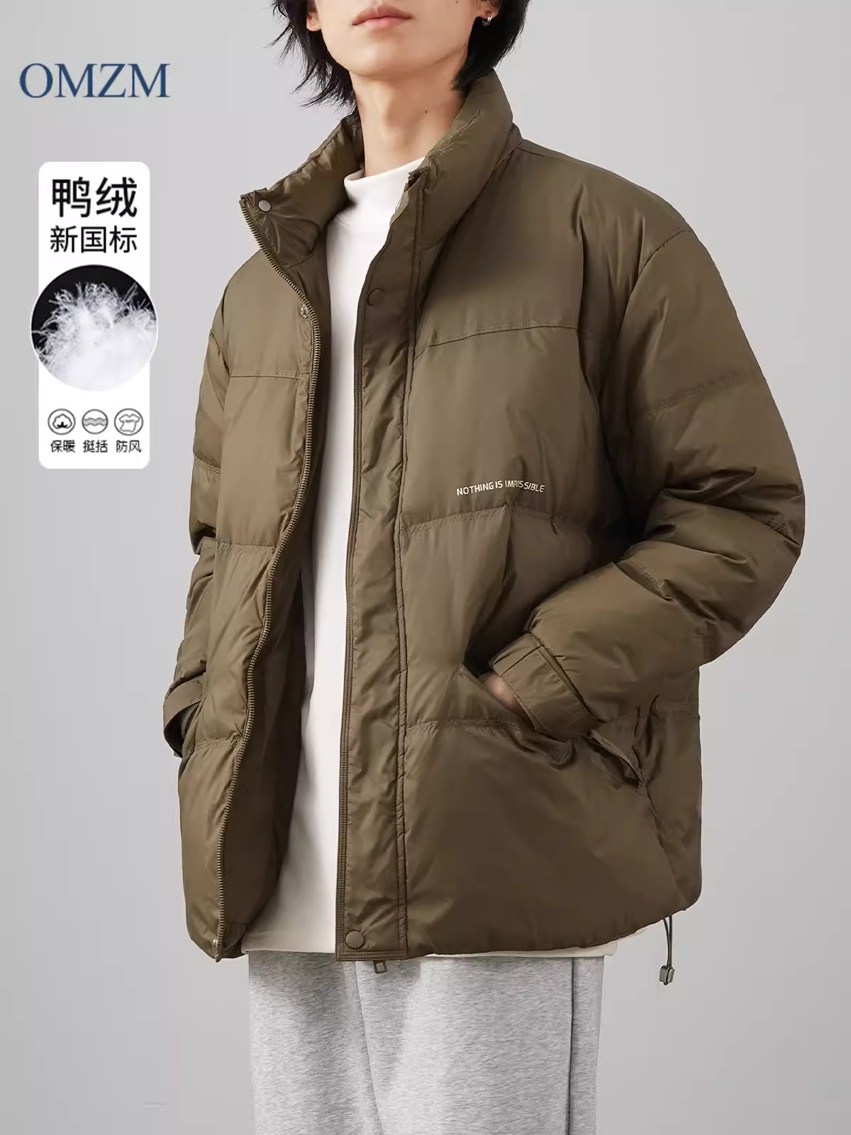 Áo khoác lông vũ ngắn cổ đứng màu xám dành cho nam, áo khoác dày dặn ấm áp phong cách Mỹ mùa đông