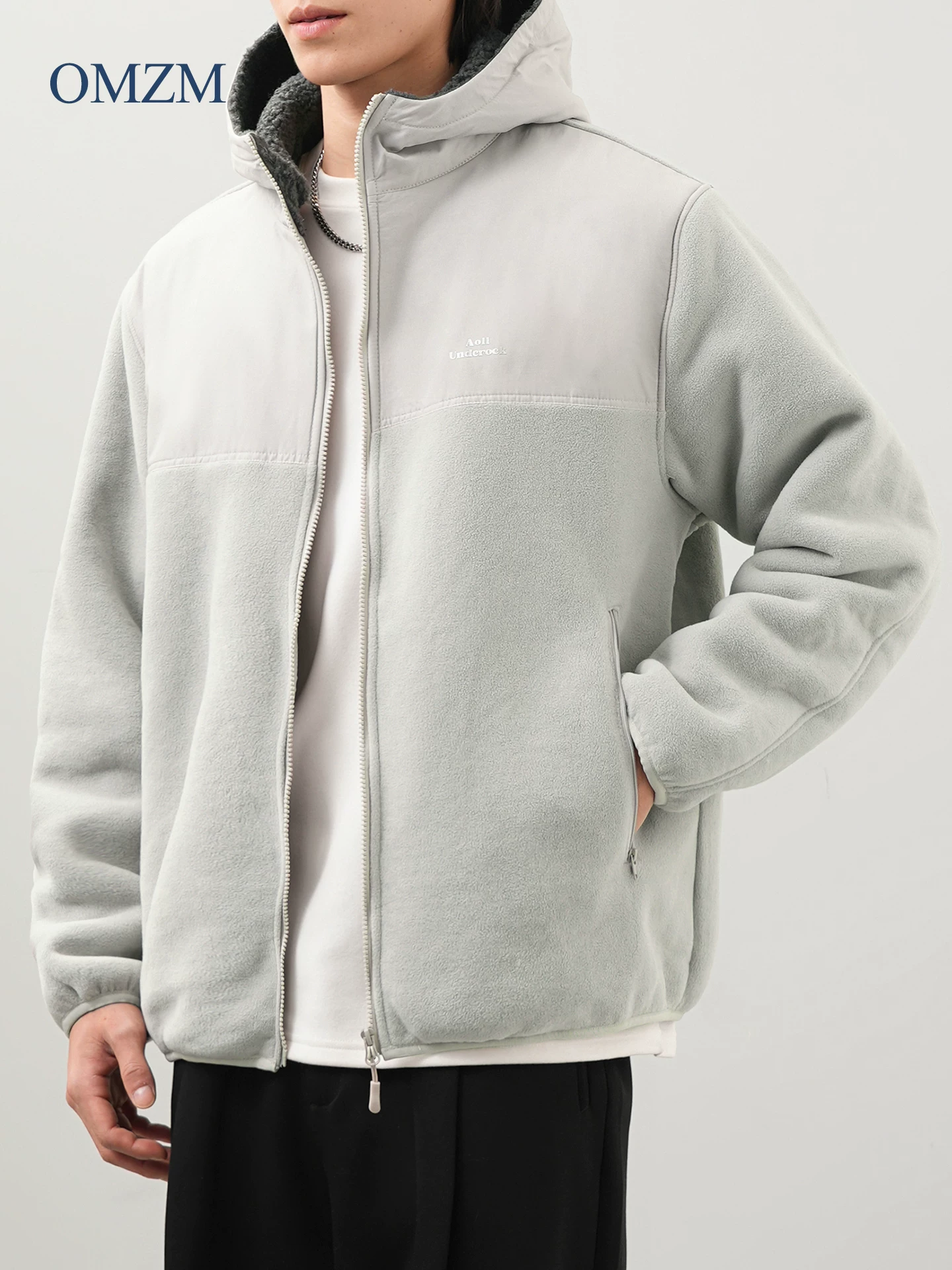 Áo khoác cotton có mũ trùm đầu bằng lông cừu OMZM dành cho nam giới trong mùa đông, lót lông cừu và dày dặn, áo len cardigan phối màu, lông cừu hai mặt, áo khoác cardigan ấm áp