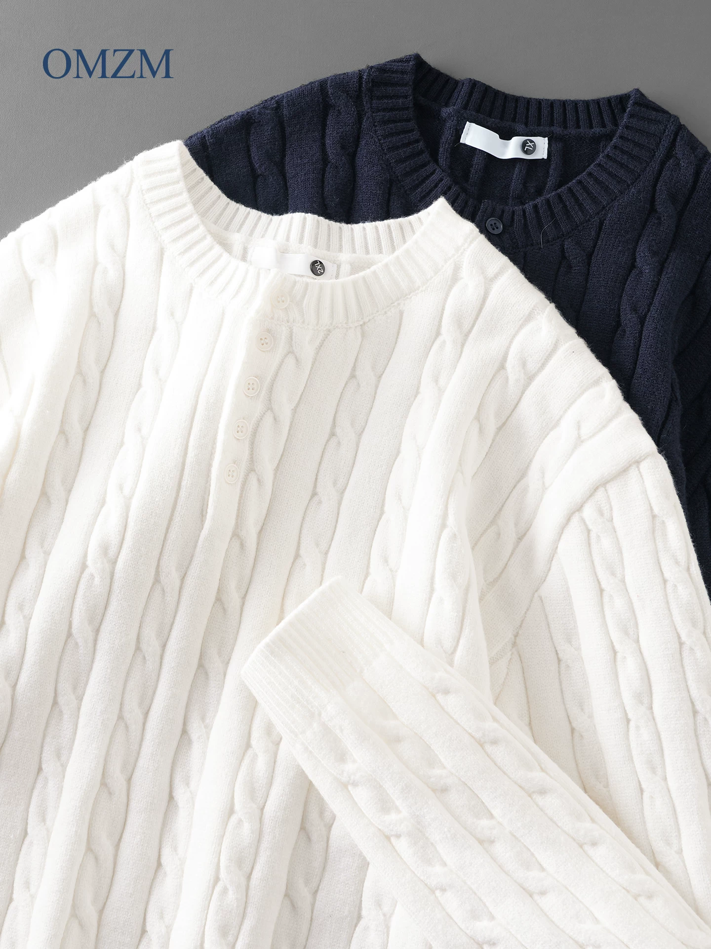 Áo len chất liệu jacquard hạng nặng OMZM dành cho nam, mùa thu đông, kiểu cổ henley màu trơn phong cách retro Mỹ, áo len dáng rộng