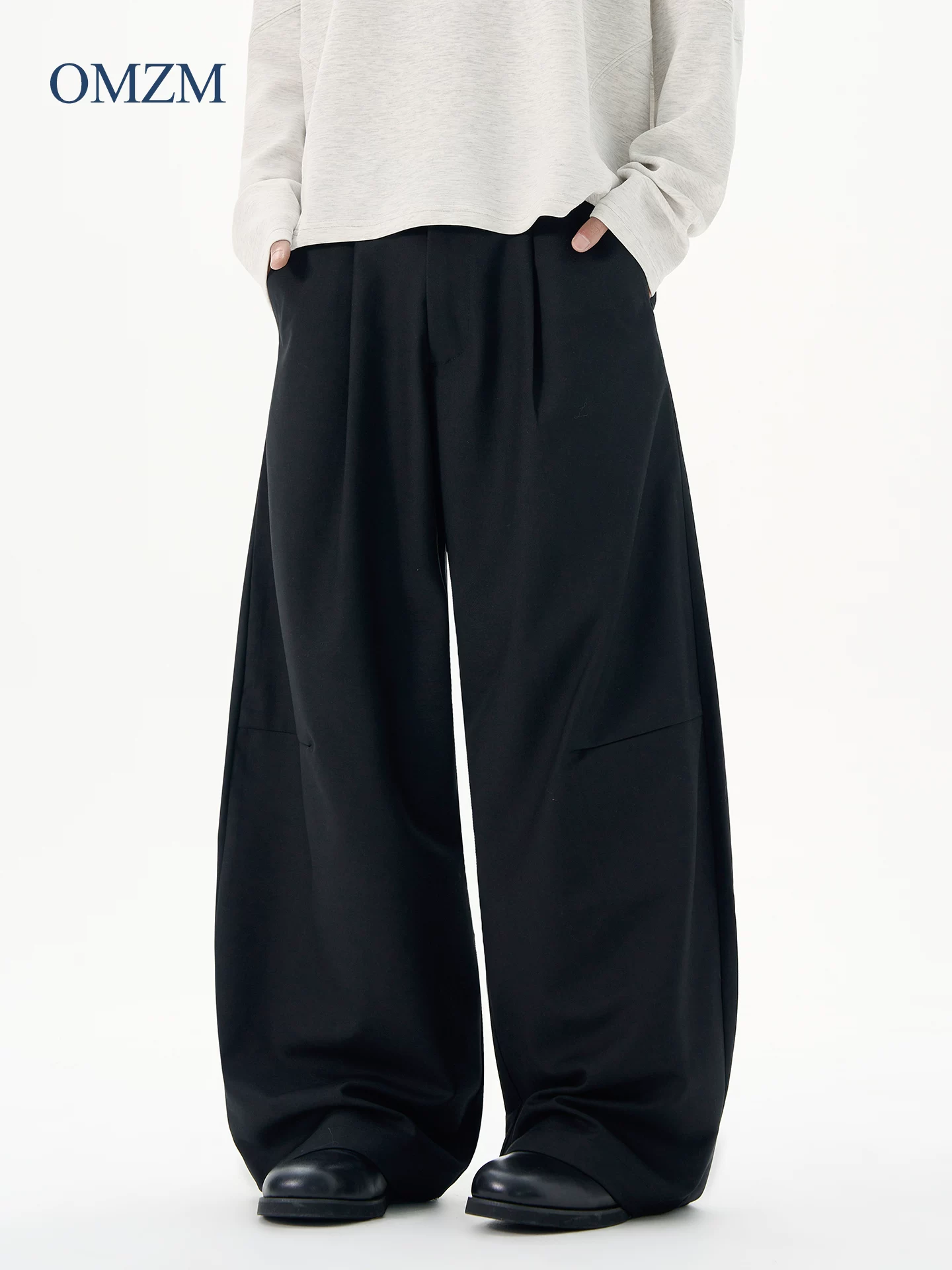 Quần tây nam OMZM dáng dài co giãn cao mùa đông kiểu dáng xếp ly phong cách Mỹ quần ống thẳng dáng ba chiều quần cleanfit