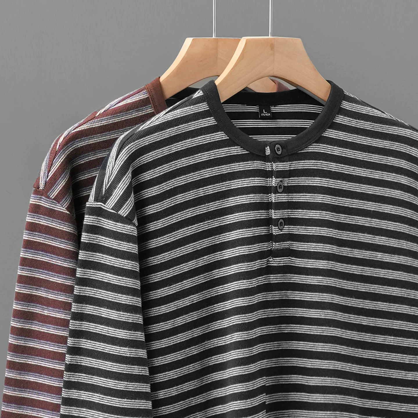 Áo thun cổ henley hạng nặng OMZM360G dành cho nam, áo sơ mi henley dài tay cổ điển kiểu Mỹ mùa thu với áo chui đầu sọc phối màu