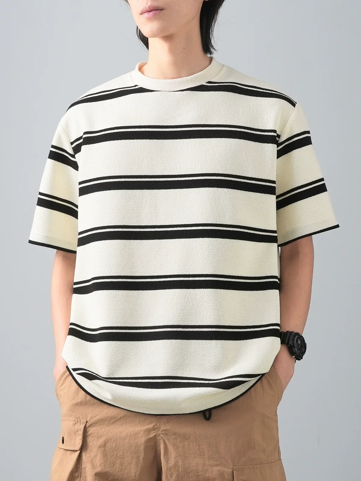 OMZM250G Áo sơ mi nam tay ngắn sọc hạng nặng mùa hè kiểu Mỹ cổ điển cao cấp cổ tròn có tay áo màu tương phản nửa tay