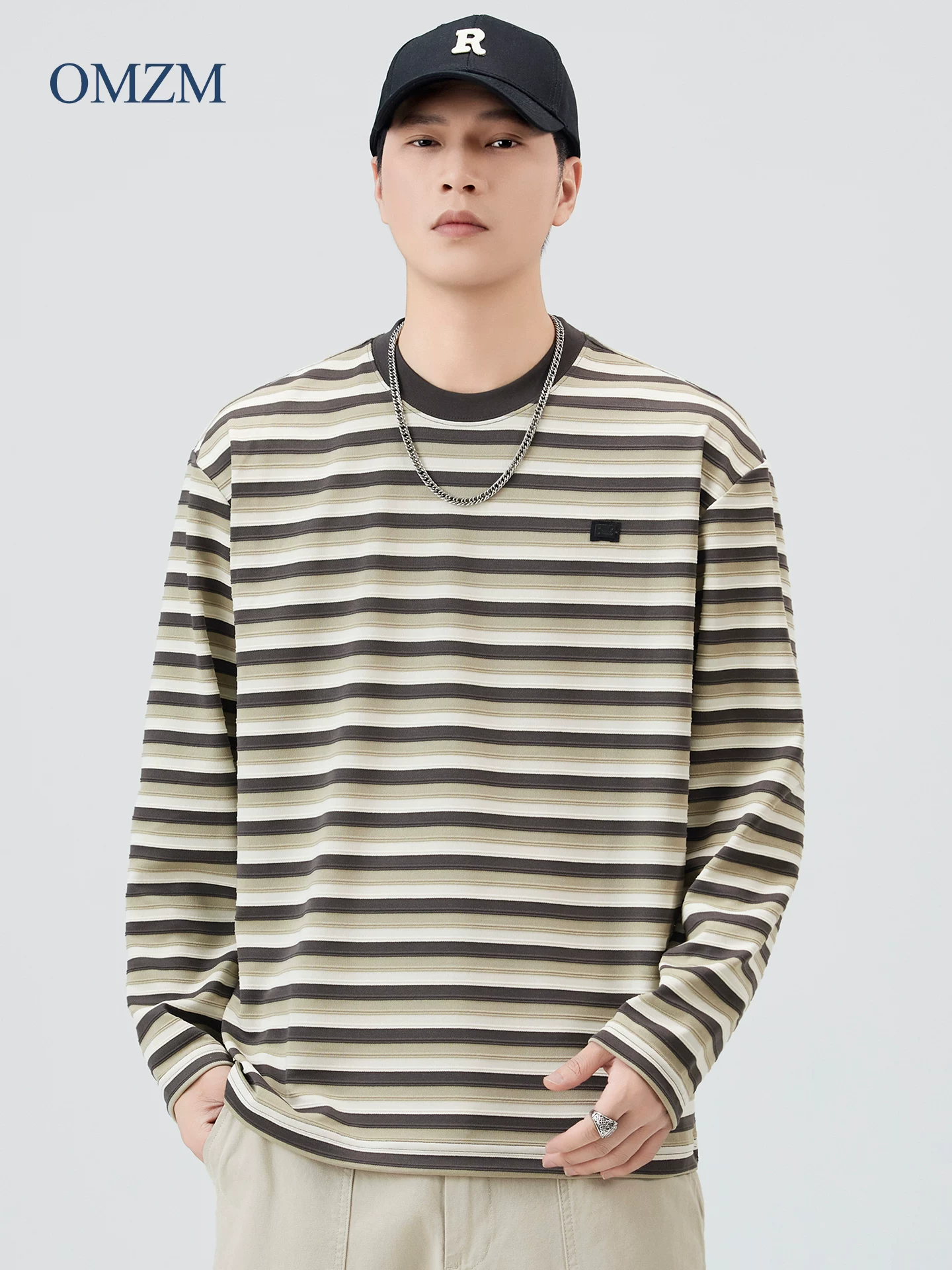 OMZM Áo sơ mi nam dài tay sọc đen trắng phong cách Mỹ mùa thu Nhật Bản cổ điển chắp vá áo sơ mi thủy thủ dáng rộng cổ tròn áo sơ mi cơ bản