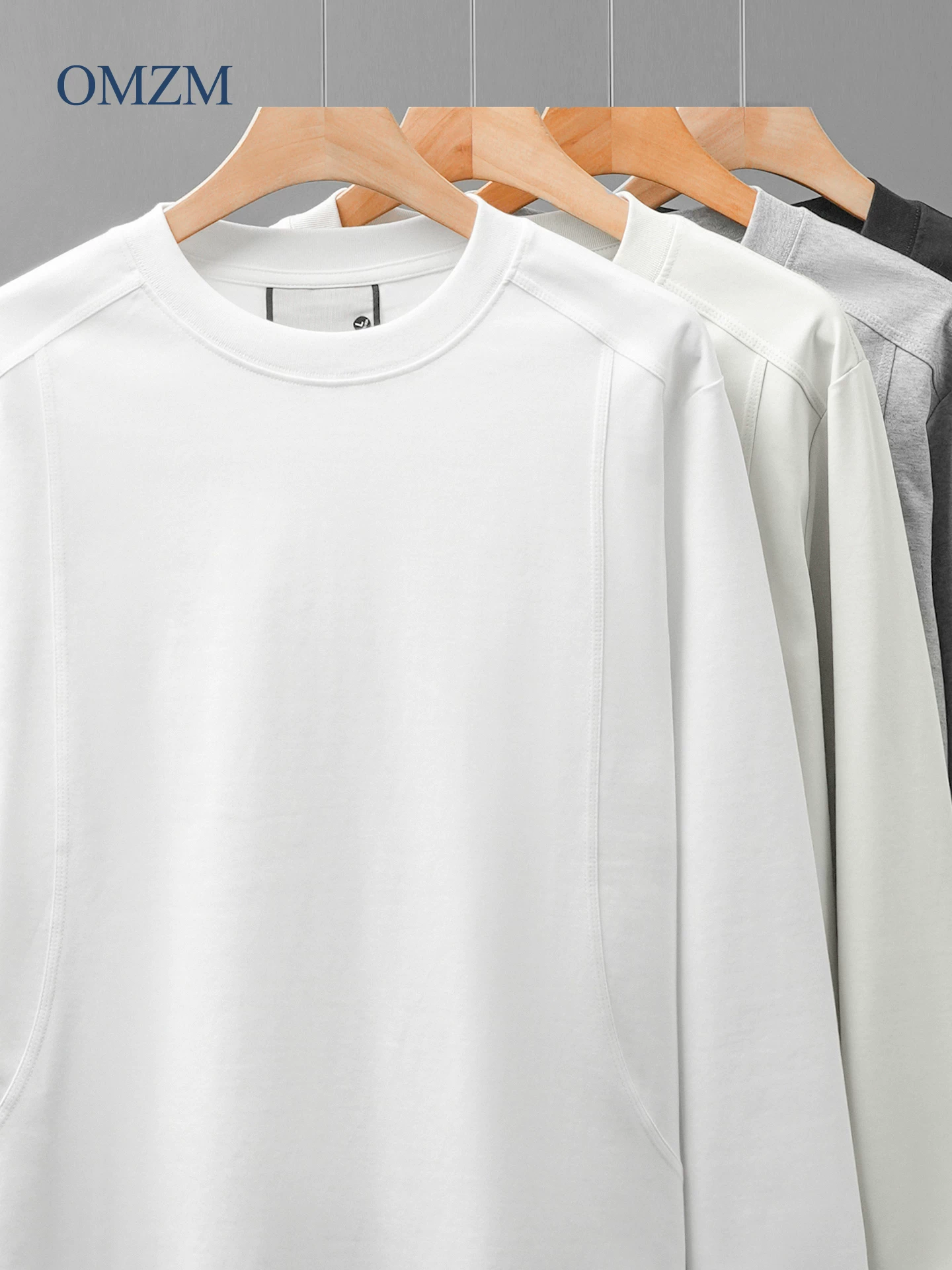 Áo thun nam dài tay hạng nặng OMZM260G mùa thu màu trơn đơn giản cổ tròn, áo thun dáng rộng và đa năng, áo thun mặc lót.