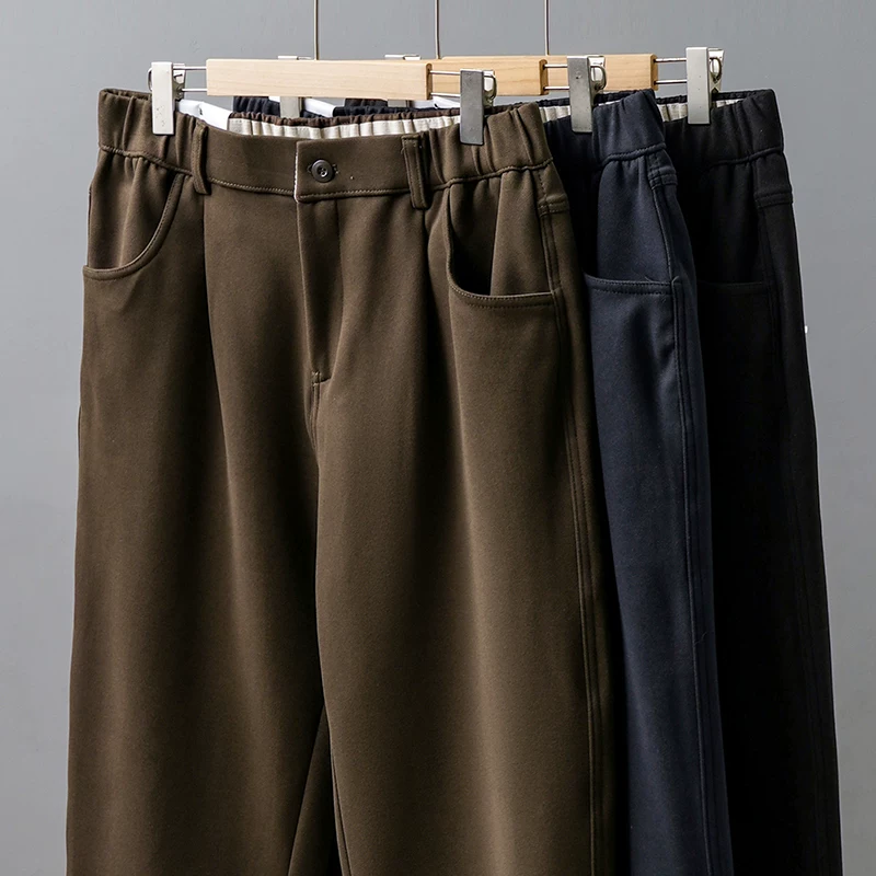 Quần âu nam chất liệu len dày OMZM, quần âu dày dặn giữ ấm phong cách retro mùa đông, quần ống đứng rộng rãi, chống nhăn, kiểu dáng thon gọn