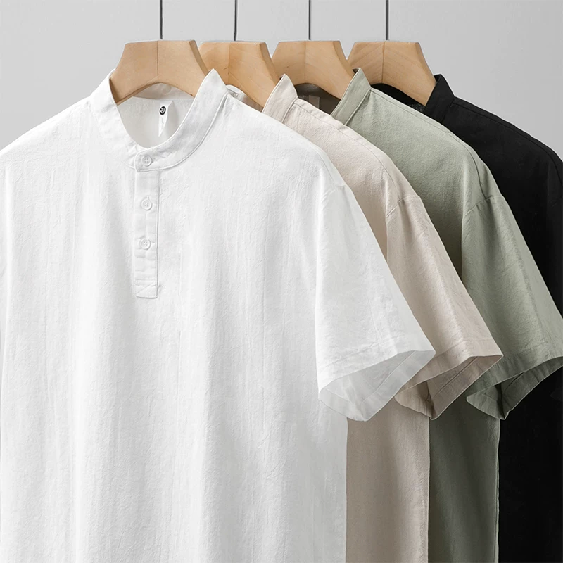 Áo thun cổ Henry bằng cotton nguyên chất kiểu Mỹ của OMZM dành cho nam, tay ngắn, nhẹ, cổ đứng mùa hè, áo thun nửa tay màu trắng kiểu old money.